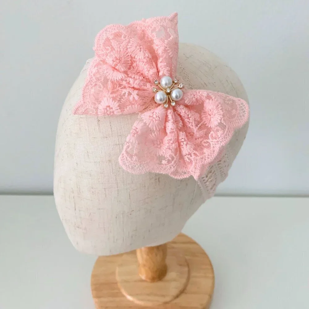 NWT Pretty Boutique Girls Beaded Lace Bow Headband Cute Hair Accessories Peach